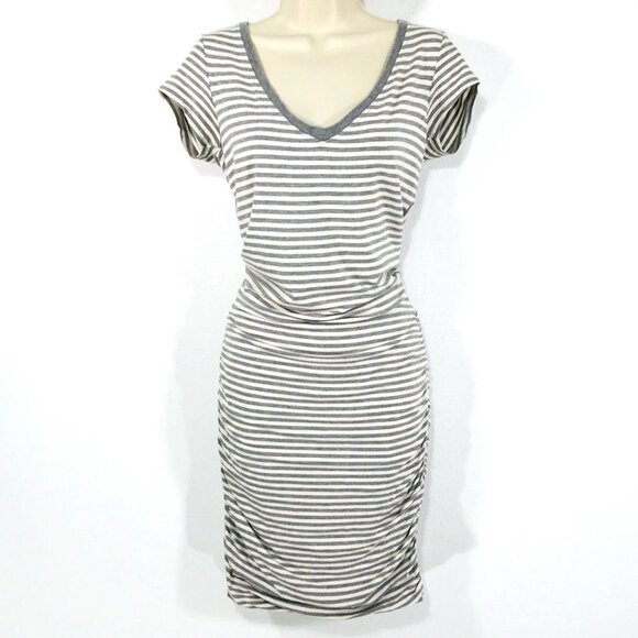 Athleta Topanga Striped Ruched T Shirt Dress Sz XS Stretchy V Neck Gray/White - Picture 2 of 13